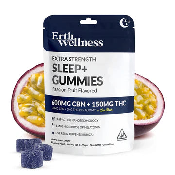 Sleep+ Gummies, showcasing their vibrant and calming appearance, available at BudZoom.