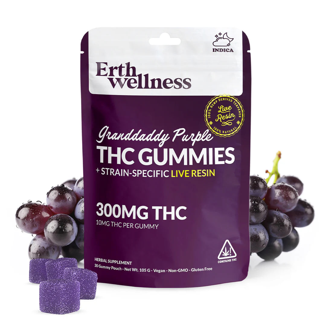 Granddaddy Purple Live Resin Gummies, showcasing their vibrant and flavorful appearance, available at BudZoom.