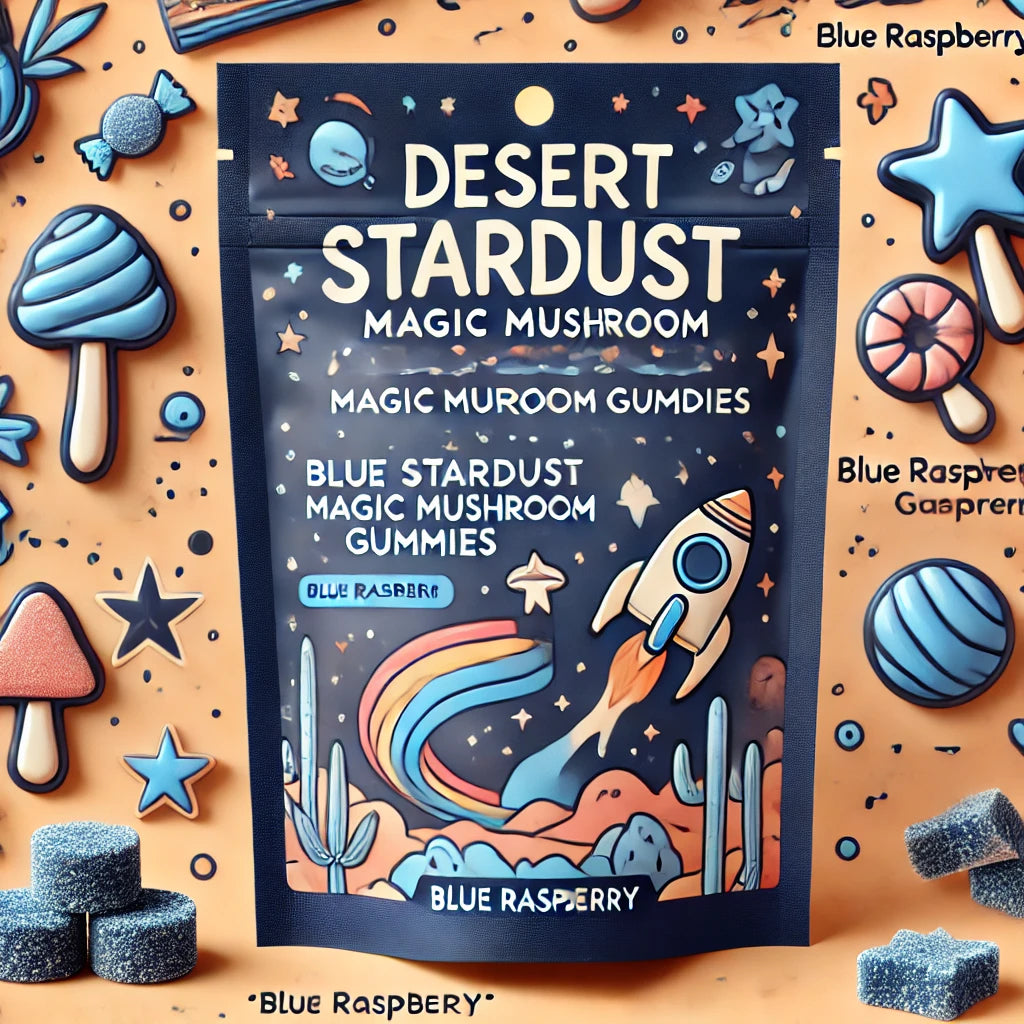 Desert Stardust Magic Mushroom Gummies, showcasing their vibrant packaging and flavors, available at BudZoom.