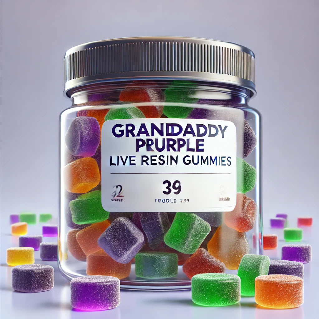 Granddaddy Purple Live Resin Gummies, showcasing their vibrant and flavorful appearance, available at BudZoom.