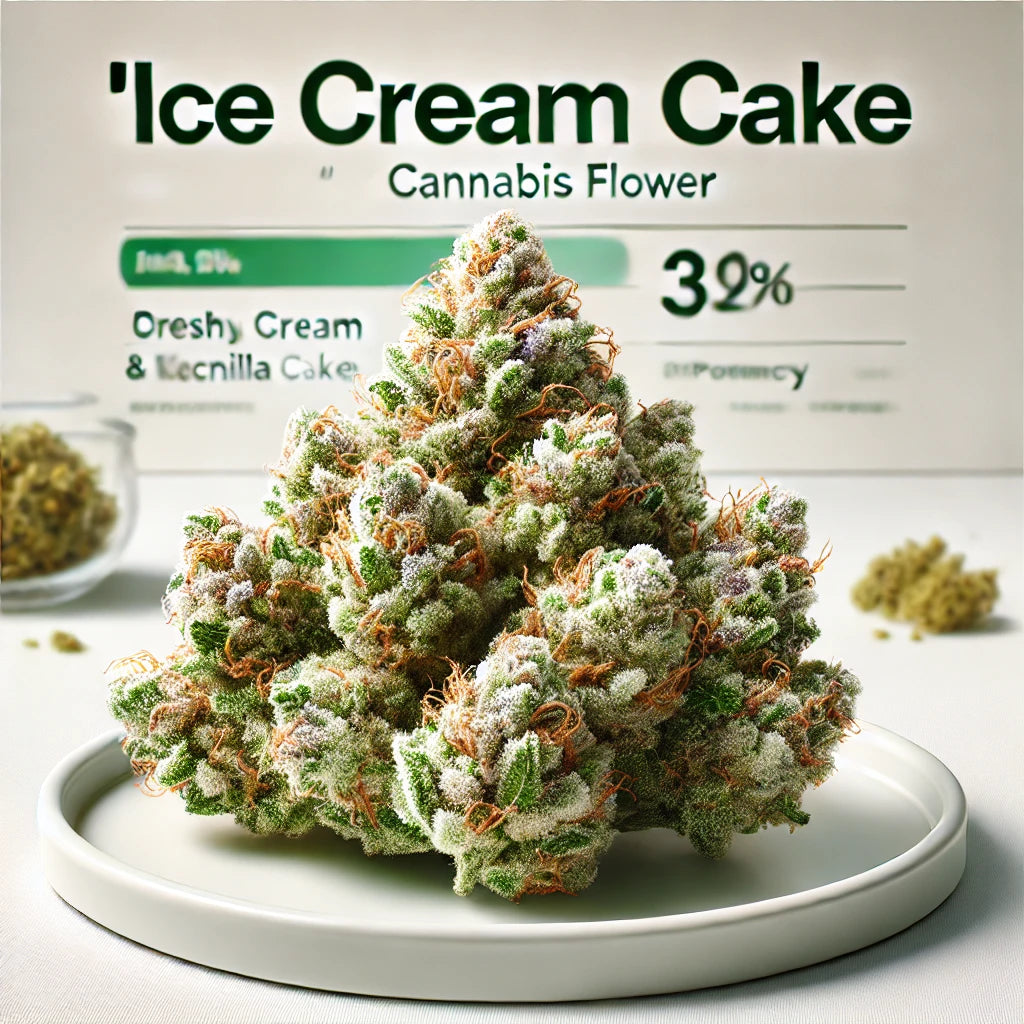 Ice Cream Cake house flower cannabis strain with dense, frosty buds and visible trichomes, showcasing green, purple, and orange hues, available at BudZoom.