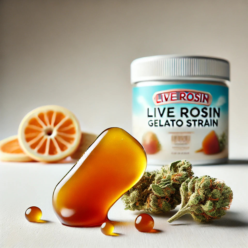 Live Rosin Gelato Strain cannabis concentrate, showcasing its smooth texture and vibrant color, available at BudZoom.