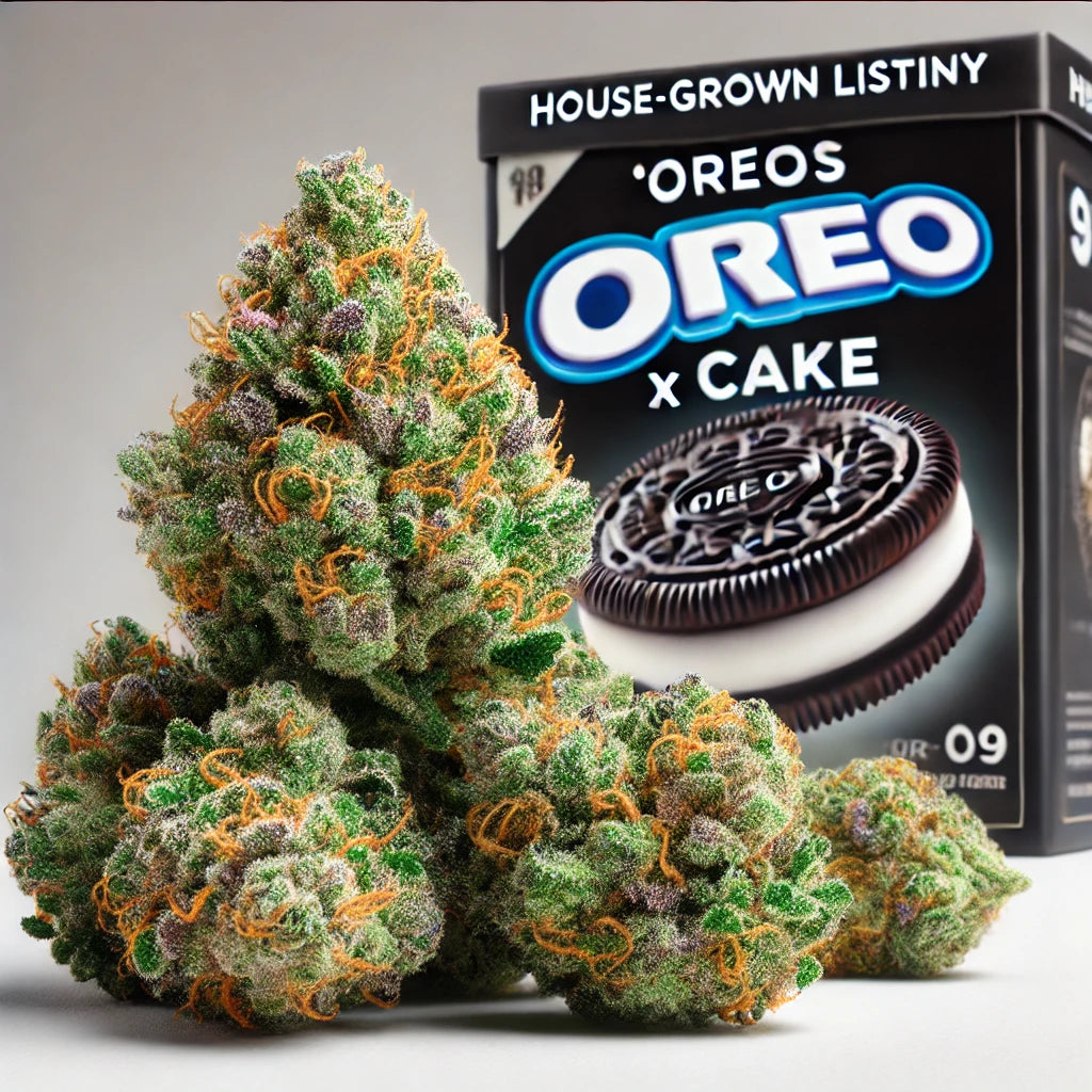 Oreos x Cake house flower cannabis strain with dense, frosty buds featuring green, purple, and orange pistils, available at BudZoom.