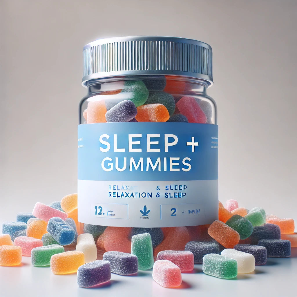 Sleep+ Gummies, showcasing their vibrant and calming appearance, available at BudZoom.