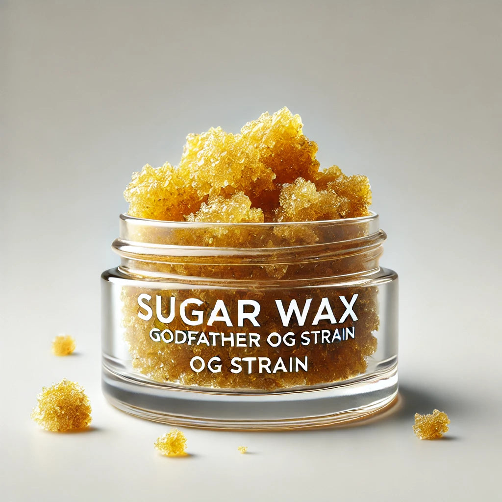 Sugar Wax Godfather OG Strain cannabis concentrate, showcasing its crystalline texture and golden color, available at BudZoom.