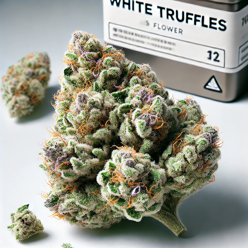 White Truffles top-shelf cannabis strain with dense, frosty buds featuring earthy and nutty aromas, available at BudZoom.